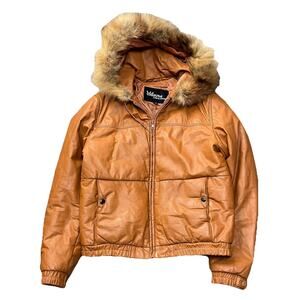70’s Wilsons Burnt Orange Leather Fluffy Coyote Hooded Crop Jacket Nettspend